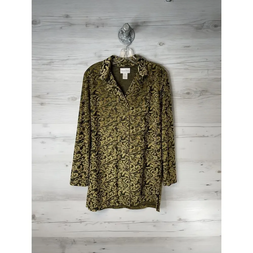 Diane Von Furstenberg Shirt Womens Large Black Gold Baroque Jacquard Made USA‎